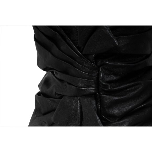 Saint Laurent Womens Strapless Mini Dress Size 38 Black Leather Side Bow Ruffled - Picture 5 of 13